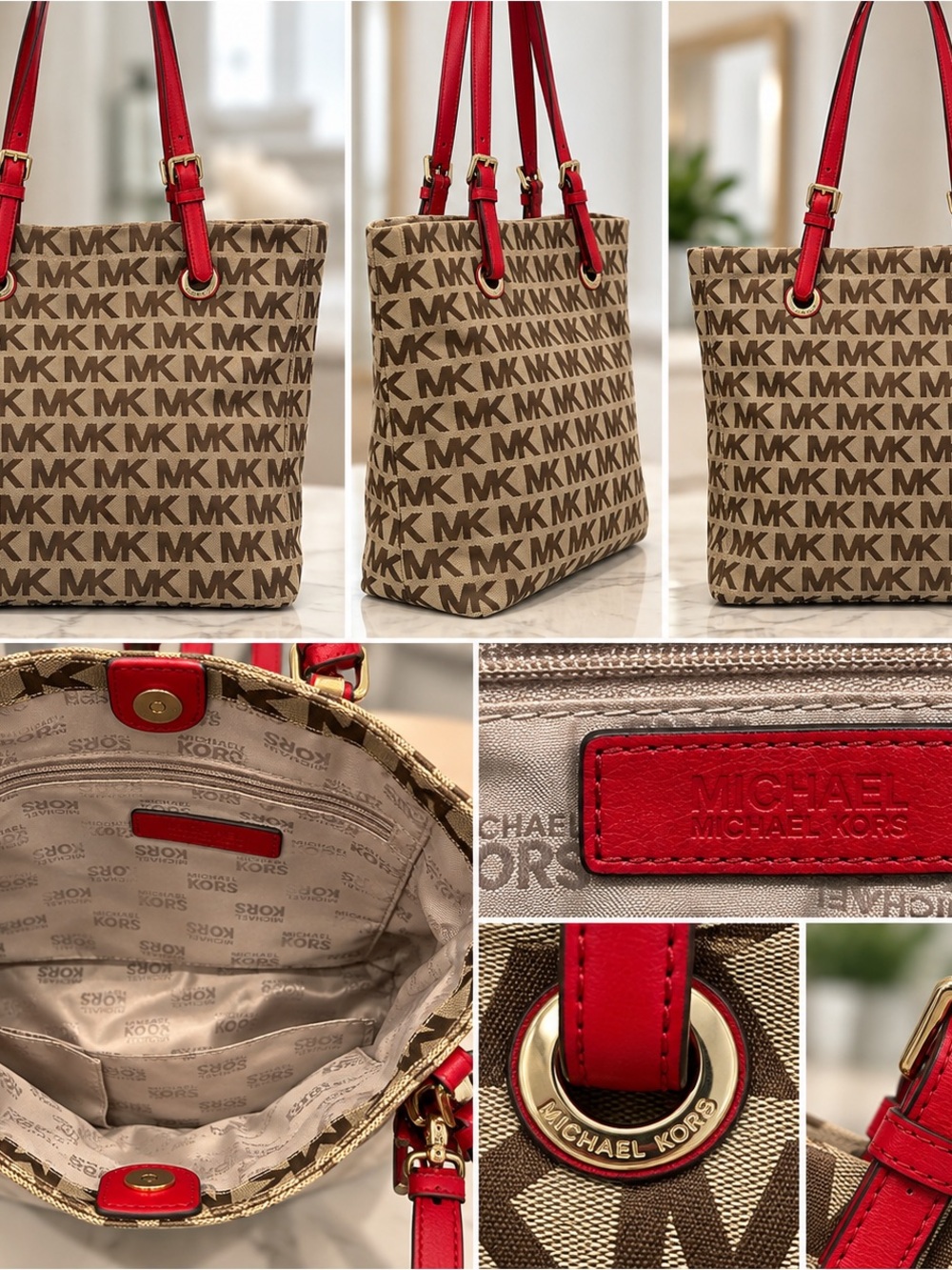 Michael Kors Beige MK Signature Tote with Red Trim